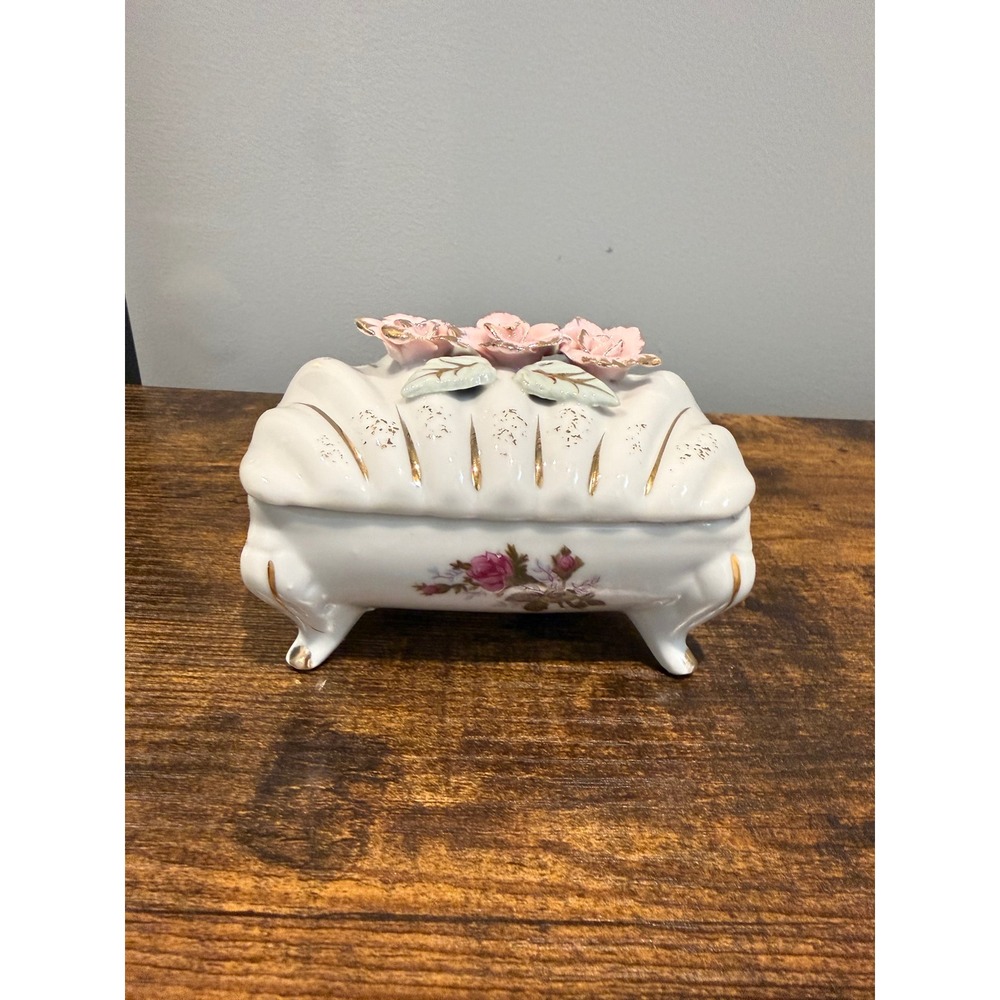 Vintage Tilso Japan Porcelain Trinket Box Pink Roses Gold Trim Footed‎ Floral